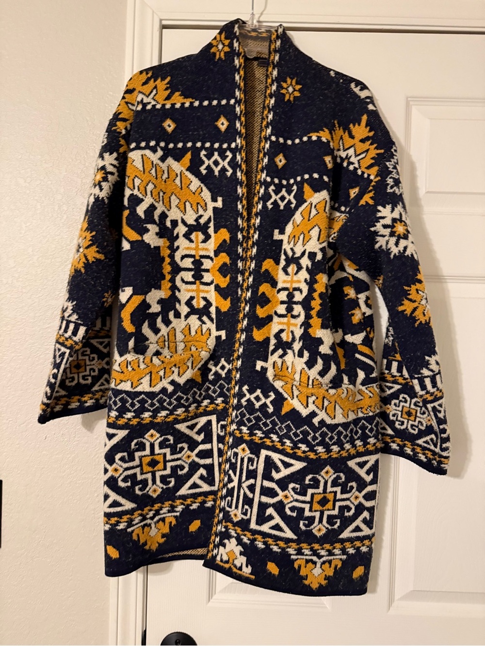 MaxSport Open-Front Geometric Knit Cape Coat in Navy, Mustard & White